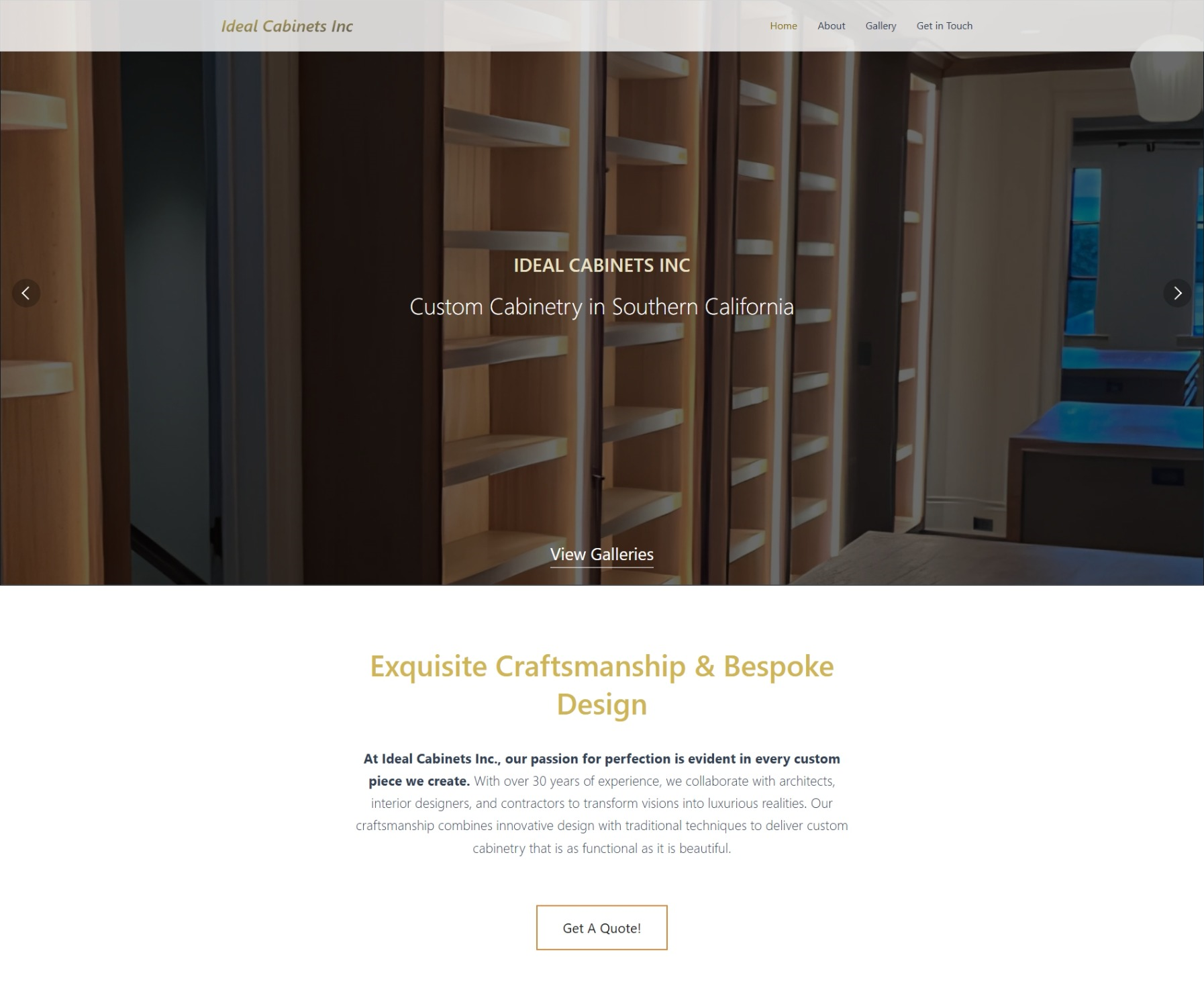 Screenshot showing the home page of a custom website designed for a Los Angeles cabinetry company.